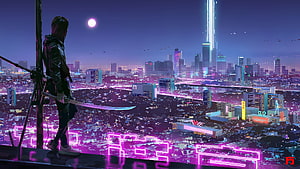 Cyberpunk Anime Warrior Girl with Katana Overlooking Neon Cityscape at Night HD wallpaper