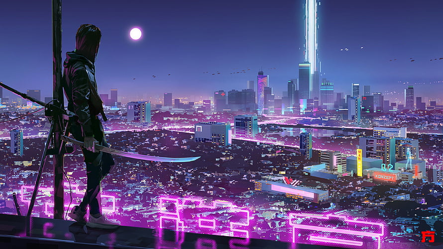 Cyberpunk Anime Warrior Girl with Katana Overlooking Neon Cityscape at Night HD wallpaper