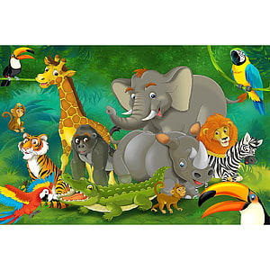 Colorful Cartoon Jungle Animal Group Illustration Featuring Elephant, Lion, Giraffe, and Crocodile in Lush Green Forest Setting HD phone wallpaper