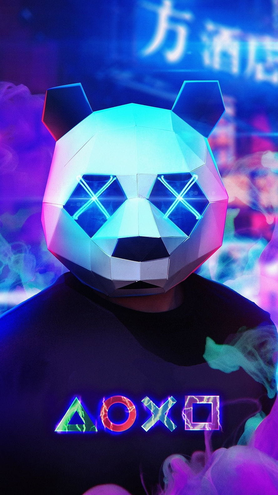 Neon Low Poly Panda Mask with Glowing X Eyes and PlayStation Symbols in Cyberpunk Setting HD phone wallpaper