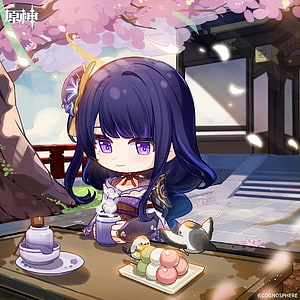 Genshin Impact Raiden Shogun Chibi Enjoying Tea and Sweets Under Cherry Blossoms HD phone wallpaper