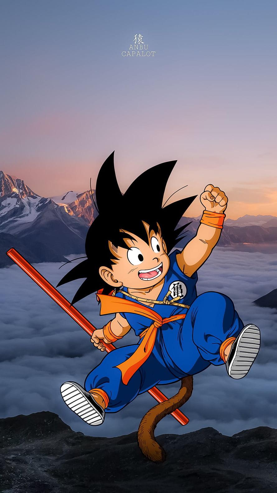Young Goku Flying on Nimbus Cloud with Power Pole at Sunset Mountain HD phone wallpaper