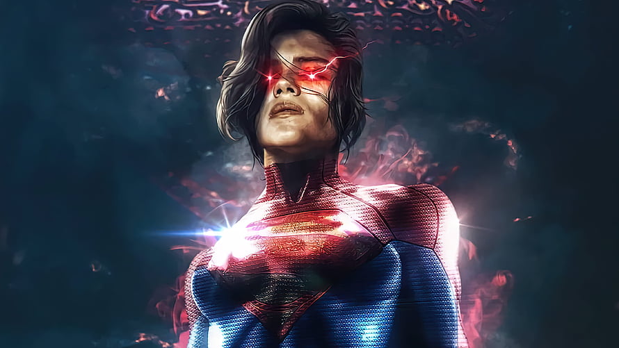 Supergirl with glowing red eyes in a dark cosmic setting HD wallpaper