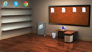 3D Virtual Office Room Desktop Wallpaper With Corkboard And Shelves HD wallpaper