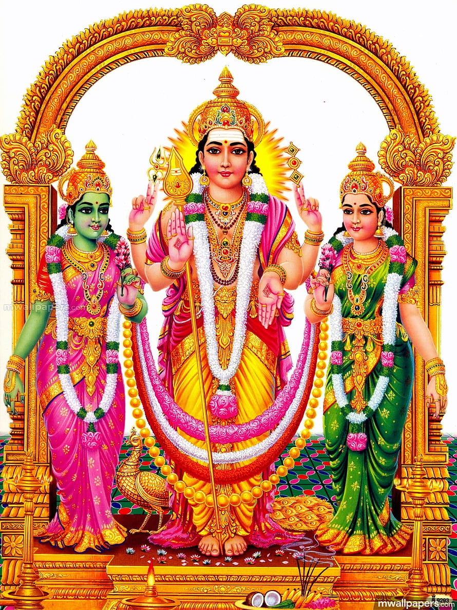 Lord Ayyappa with Sastha and Bhadrakali in traditional Hindu temple art style HD phone wallpaper