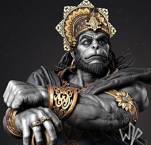 Hanuman 3D Sculpture with Golden Crown and Ornate Jewelry, Bajrang Bali, hanuman ji 3d HD wallpaper