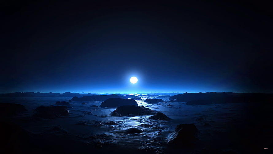 Lunar Rise Over Alien Terrain: A Serene Nighttime Landscape HD wallpaper