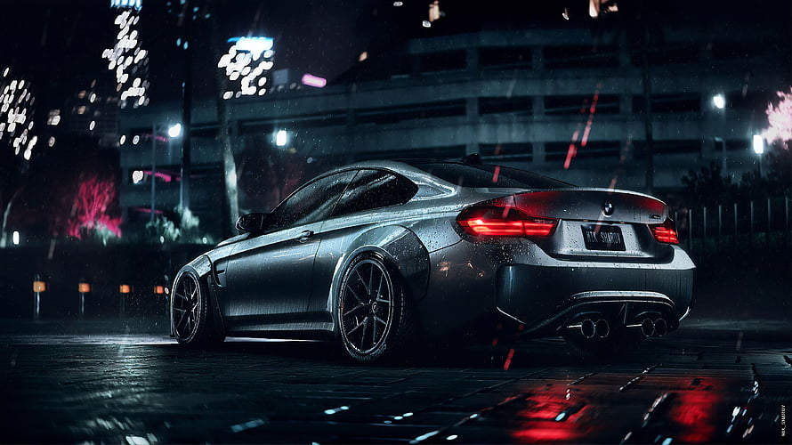 Silver BMW M4 Coupe Parked on Wet City Street at Night with Neon Reflections HD wallpaper