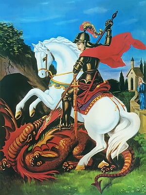 Saint George Slaying the Dragon on a White Horse with Red Cape and Spear HD phone wallpaper