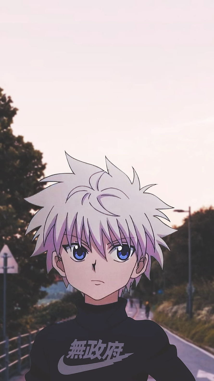 Killua Zoldyck Anime Character Portrait on a Suburban Street at Dusk HD phone wallpaper