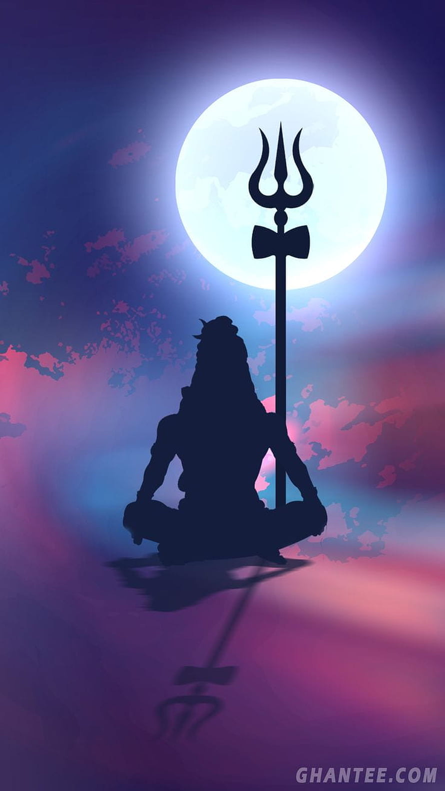 Silhouette of Lord Shiva Meditating with Trishul Against Full Moon HD phone wallpaper