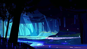 Steven Universe Bioluminescent Forest Night Scene with Glowing Water and Starry Sky HD wallpaper