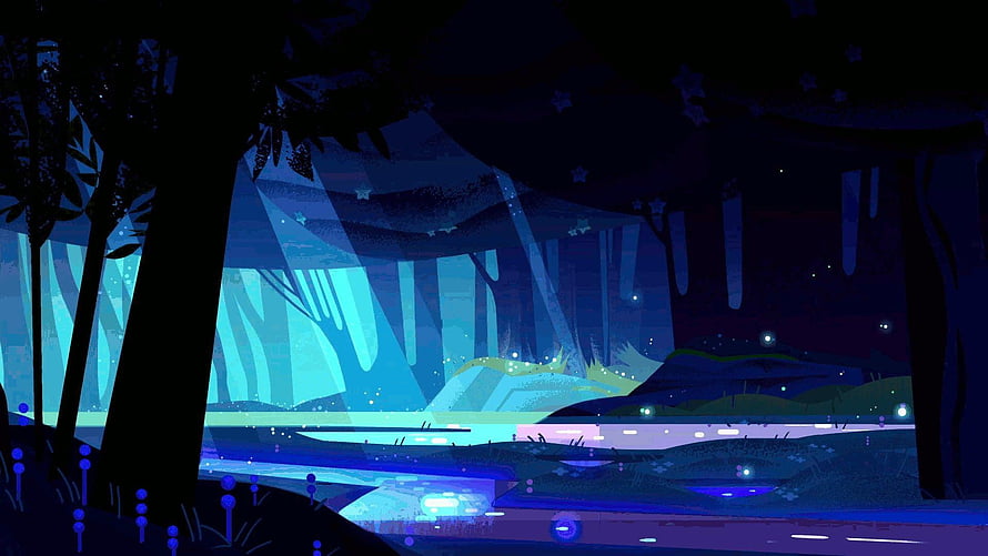 Steven Universe Bioluminescent Forest Night Scene with Glowing Water and Starry Sky HD wallpaper