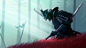 Samurai Warrior in Dark Armor Kneeling in Red Grass Forest HD wallpaper