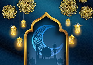 Elegant Ramadan Kareem Background With Golden Lanterns And Mosque Silhouette HD wallpaper