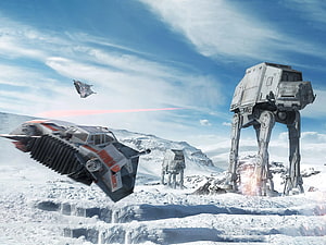 Star Wars Battlefront Snowtrooper AT-AT Walkers and Snowspeeder in Frozen Battlefield HD wallpaper