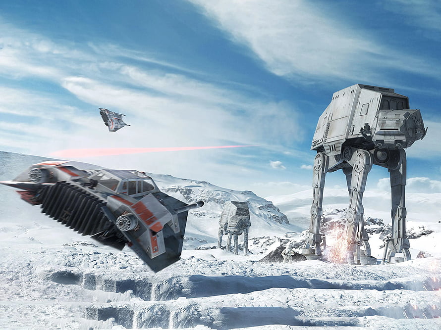 Star Wars Battlefront Snowtrooper AT-AT Walkers and Snowspeeder in Frozen Battlefield HD wallpaper
