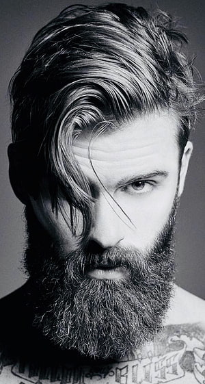 Black and white portrait of a bearded man with tattoos and styled hair, Men Hairstyle, men haircut HD phone wallpaper