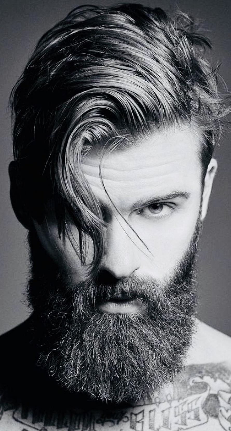 Black and white portrait of a bearded man with tattoos and styled hair, Men Hairstyle, men haircut HD phone wallpaper
