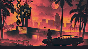 Hotline Miami Motel Scene with Silhouette and Retro Sunset Skyline HD wallpaper