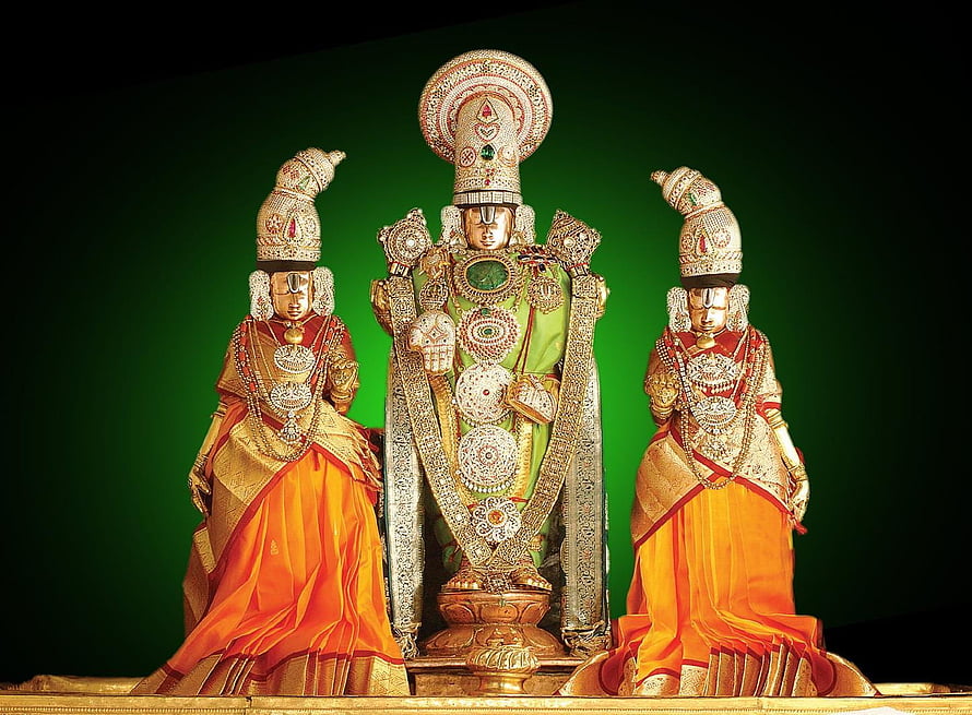 Sri Venkateswara Balaji Temple Idol with Sridevi and Bhudevi Statues HD wallpaper