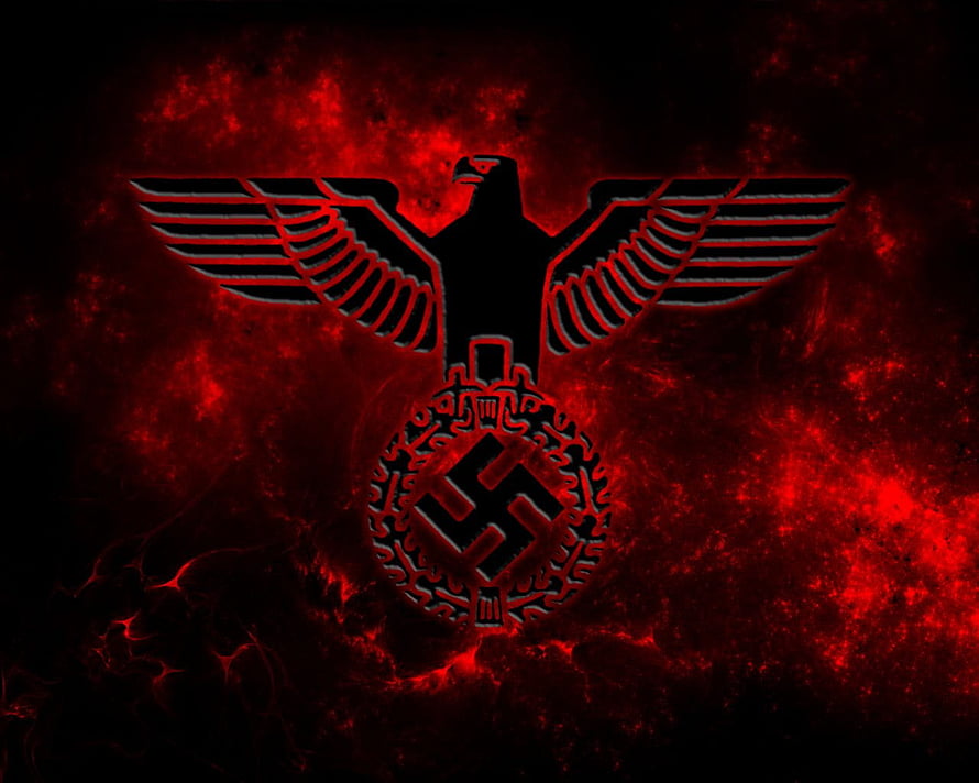 Dark Red Eagle and Swastika Emblem on Fiery Black Background HD wallpaper