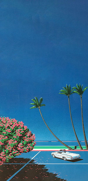 Retro White Convertible Parked Under Palm Trees by the Ocean HD phone wallpaper