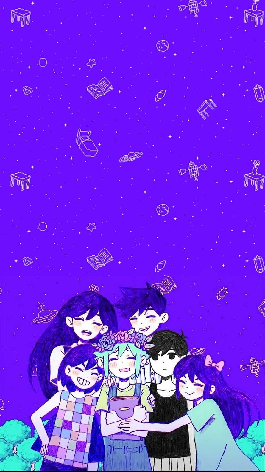Omori Group Hug Illustration with Aubrey, Kel, and Basil Under a Starry Purple Sky HD phone wallpaper