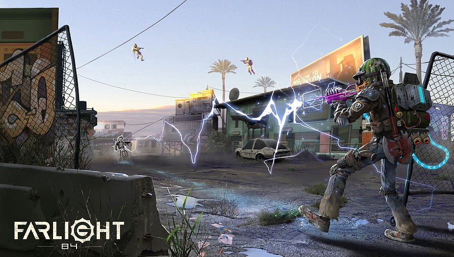 Farlight 84 gameplay screenshot featuring a character firing an electric weapon in a desert combat zone HD wallpaper