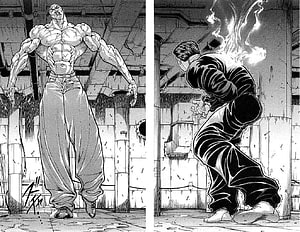 Baki and Jack Hanma Confrontation in Industrial Setting Manga Panel HD wallpaper