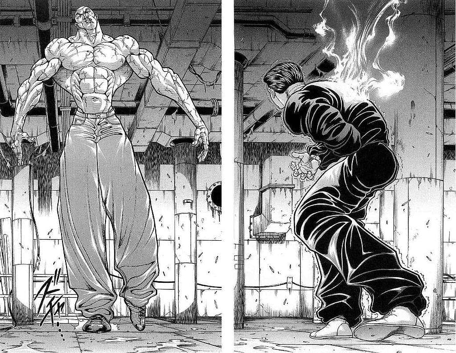 Baki and Jack Hanma Confrontation in Industrial Setting Manga Panel HD wallpaper