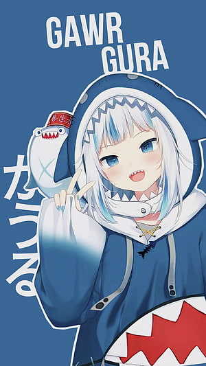 Gawr Gura Anime Character in Blue Shark Hoodie with Companion Fish HD phone wallpaper