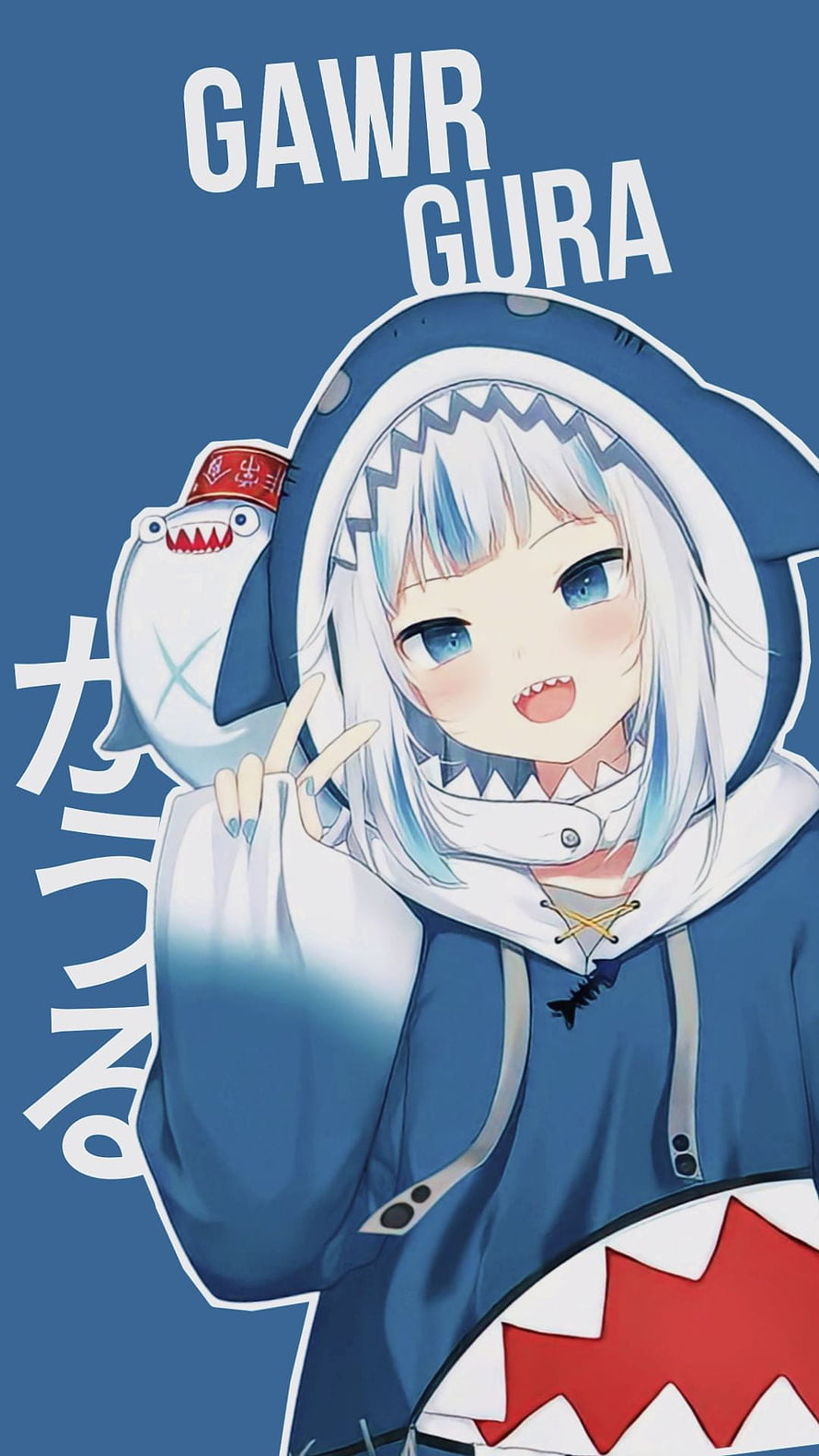 Gawr Gura Anime Character in Blue Shark Hoodie with Companion Fish HD phone wallpaper