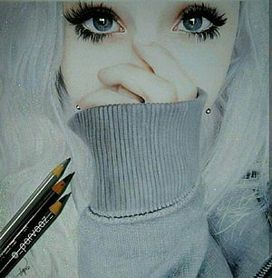 Realistic Pencil Drawing of Girl with Blue Eyes and Grey Sweater HD phone wallpaper
