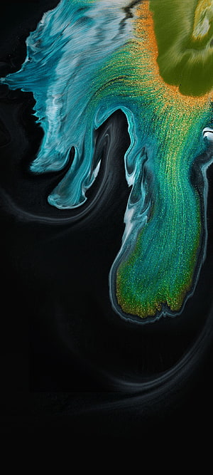 Abstract Fluid Art with Glittering Teal, Green, and Gold Swirls on Black Background HD phone wallpaper