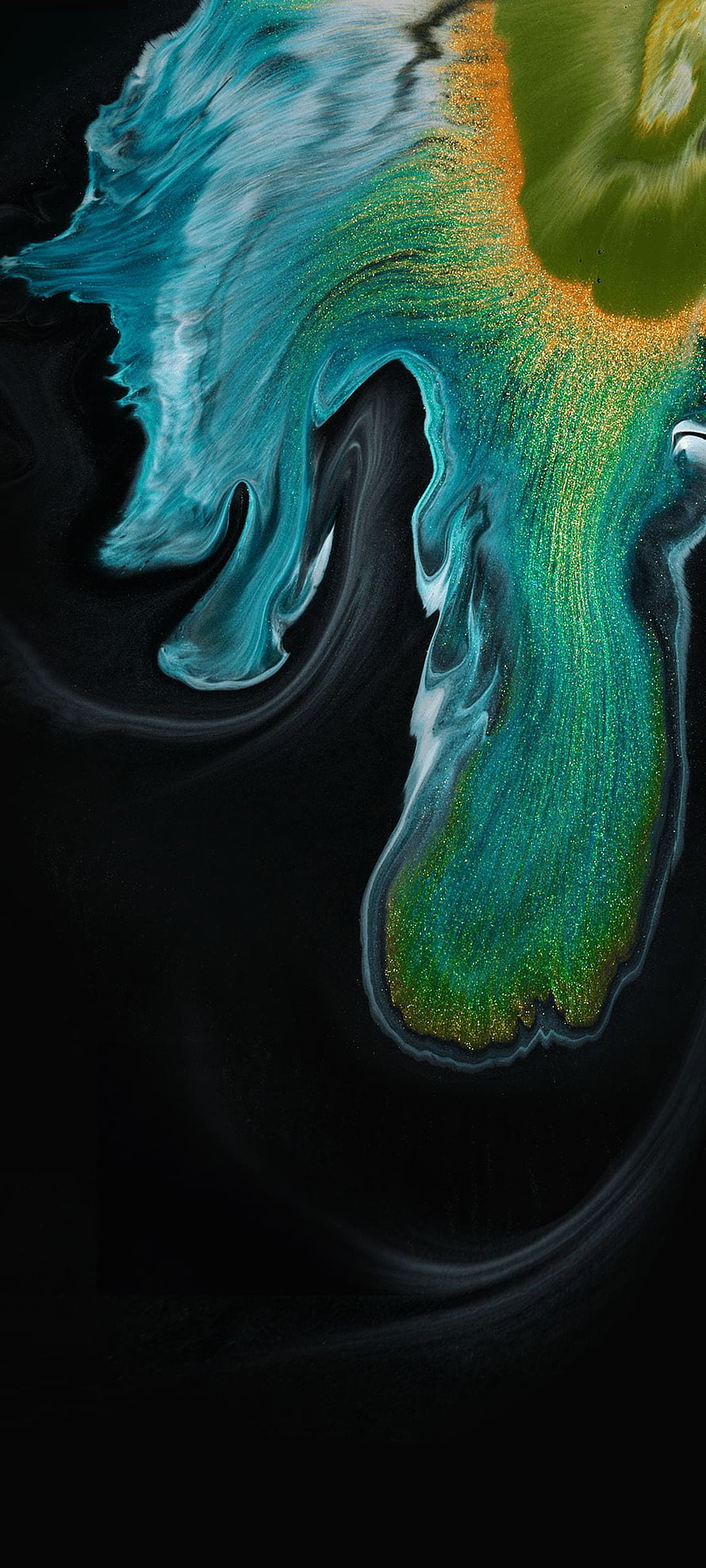 Abstract Fluid Art with Glittering Teal, Green, and Gold Swirls on Black Background HD phone wallpaper