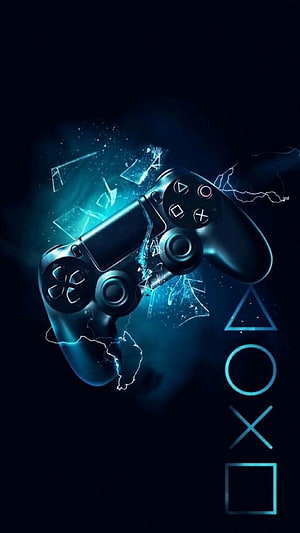 PlayStation DualShock Controller with Glowing Blue Energy and Icon Symbols HD phone wallpaper