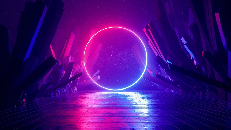 Neon Ring Portal in Crystal Cavern with Reflective Grid Floor and Purple Haze HD wallpaper