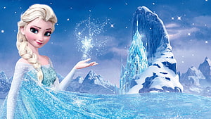 Elsa from Frozen conjuring snowflakes before her ice palace in a winter landscape HD wallpaper