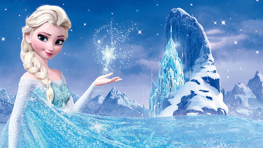 Elsa from Frozen conjuring snowflakes before her ice palace in a winter landscape HD wallpaper