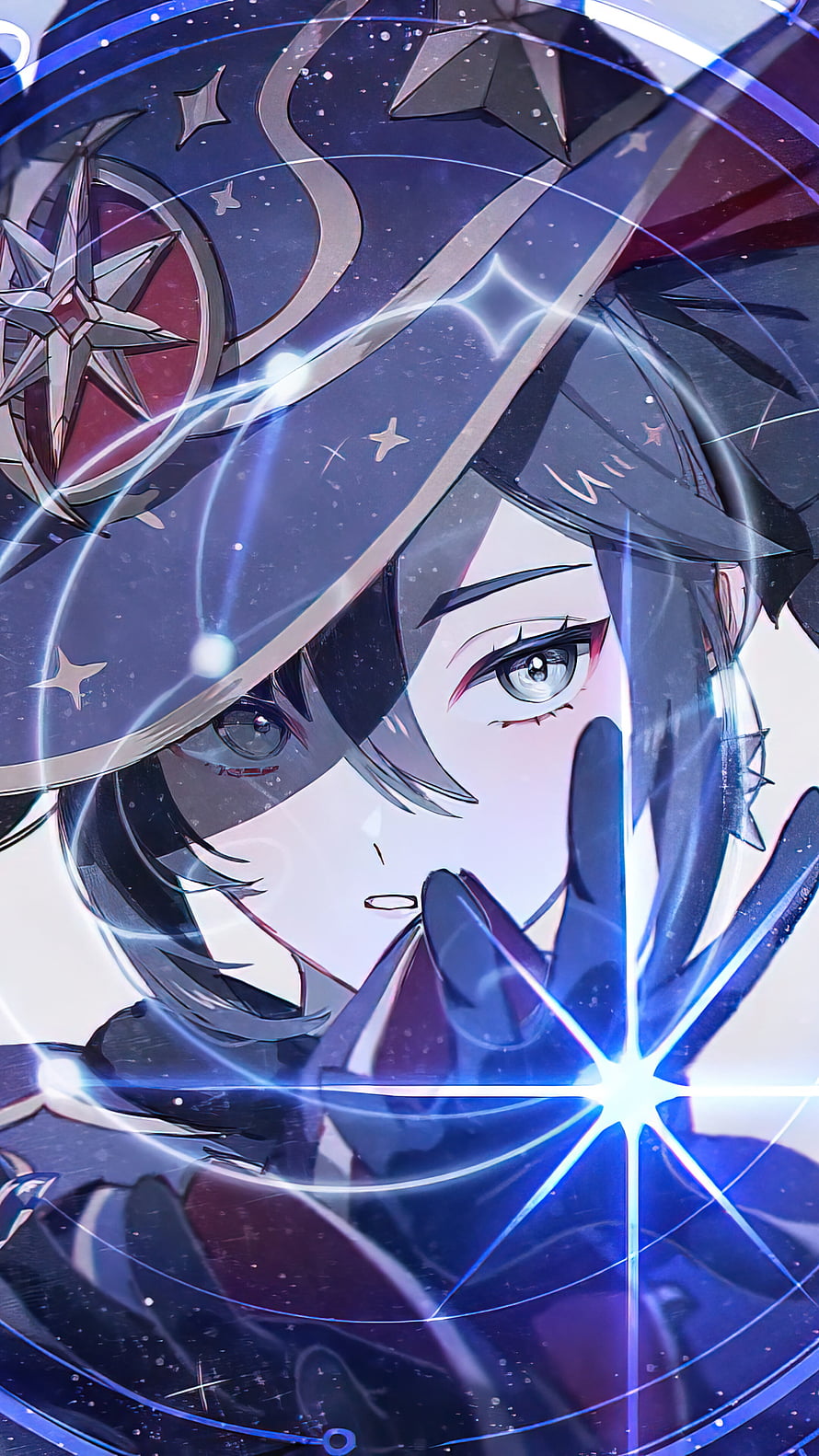 Mona from Genshin Impact in a Celestial Astronomer Hat with Glowing Blue Magic HD phone wallpaper