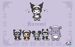 Kuromi and Friends in Cute Black and White Outfits on Lavender Background HD wallpaper