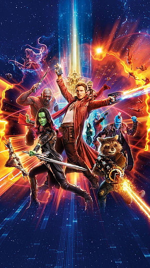 Guardians of the Galaxy Team Assembled in Cosmic Battle Scene with Star-Lord, Gamora, and Rocket HD phone wallpaper