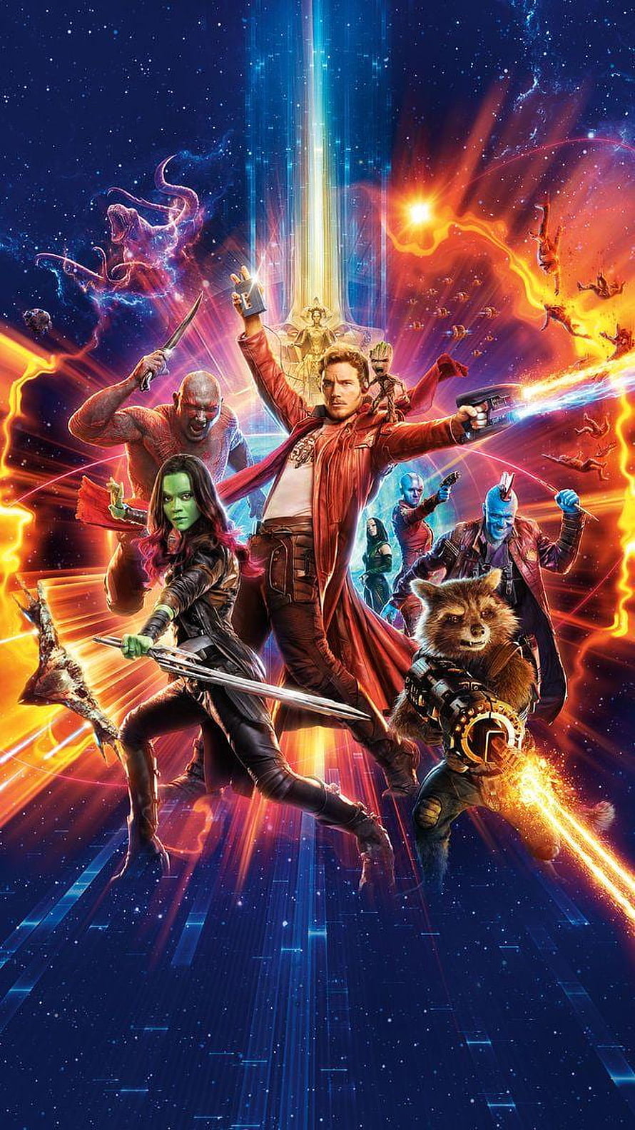 Guardians of the Galaxy Team Assembled in Cosmic Battle Scene with Star-Lord, Gamora, and Rocket HD phone wallpaper