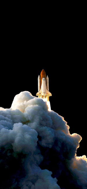 NASA Space Shuttle Launching Through Billowing Smoke Against a Black Sky HD phone wallpaper