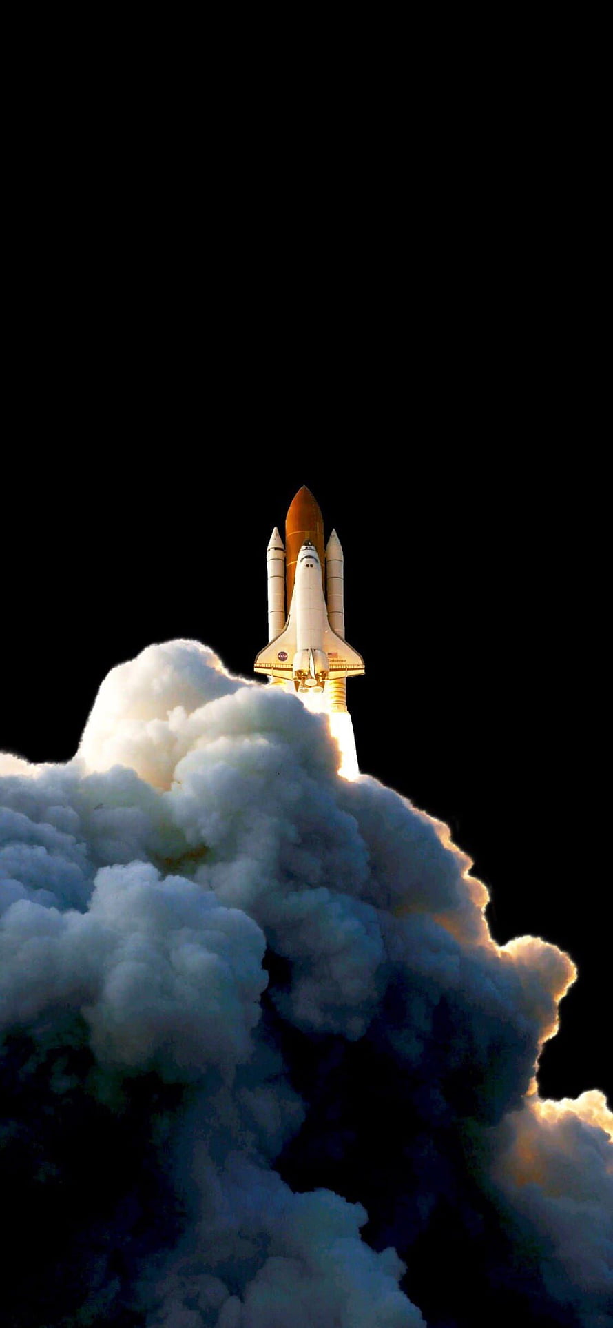 NASA Space Shuttle Launching Through Billowing Smoke Against a Black Sky HD phone wallpaper