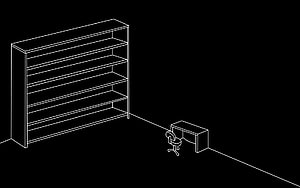Minimalist White Line Art of Empty Bookshelf and Desk on Black Background HD wallpaper