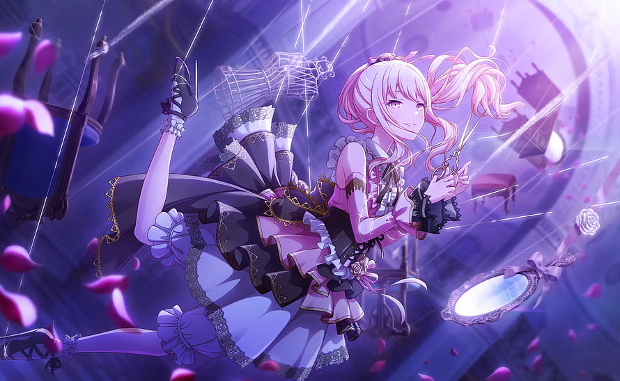 Akiyama Mizuki from Project Sekai in a gothic pink and purple outfit holding scissors HD wallpaper