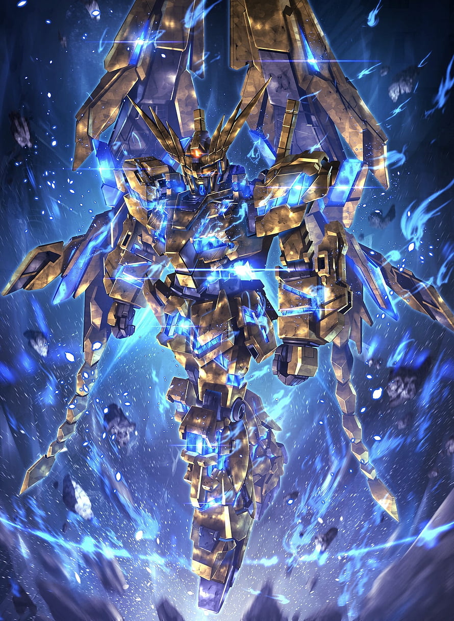 Golden Winged Gundam Zero in Blue Energy Aura Space Battle Scene HD phone wallpaper