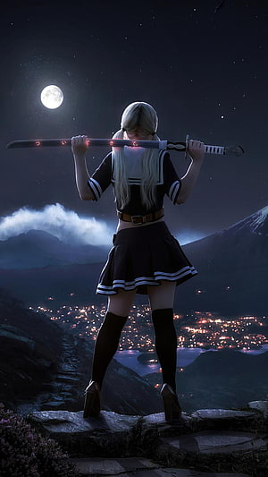 Blonde Anime Girl in Sailor Uniform Holding Katana Sword on Cliff at Night HD phone wallpaper